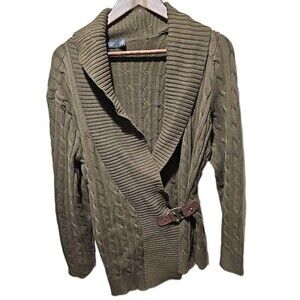 Lauren Ralph Lauren Cardigan Sweater  XL Olive Green Cable Knit Buckle Closure